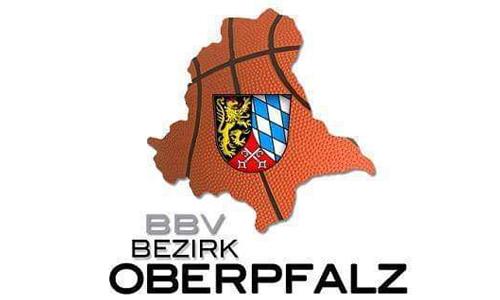 Logo des BBV Bezirk Oberpfalz, fest installiert auf einem Basketball, umgeben von der Umrisskarte der Region.