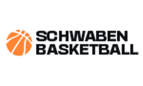 Logo von Schwaben Basketball mit orangefarbenem Basketball und Schriftzug &bdquo;SCHWABEN BASKETBALL&ldquo; in Schwarz.