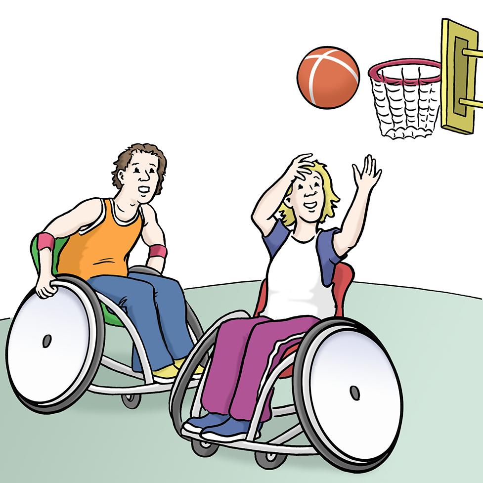 Zwei Personen im Rollstuhl spielen Basketball, w&auml;hrend ein Ball in Richtung Korb geworfen wird.