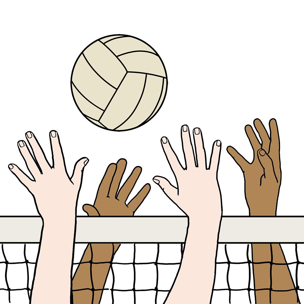 H&auml;nde greifen nach einem Volleyball &uuml;ber einem Netz, umgeben von einem wei&szlig;en Hintergrund.