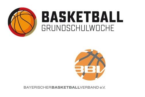 Logo der Basketball-Grundschulwoche mit Basketballsymbolen und dem Schriftzug "Bayerischer Basketballverband e.V."