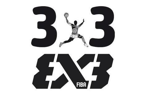 Logo des FIBA 3x3 Basketball mit der Zahl "3" und einer dynamischen Spielerfigur in der Mitte.