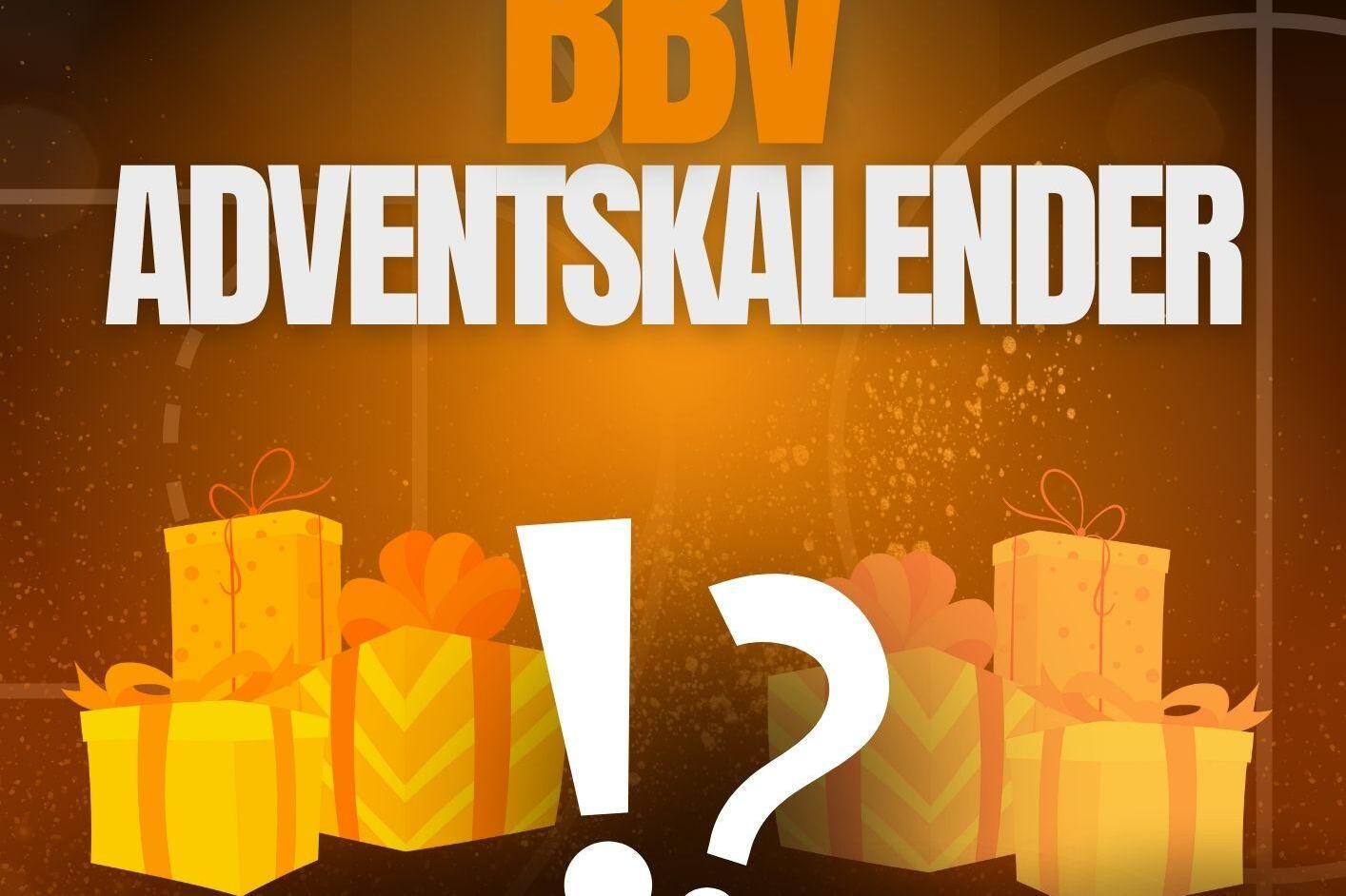 Grafik mit dem Titel &bdquo;Der gro&szlig;e BBV Adventskalender&ldquo; und bunten Geschenkpaketen auf orangefarbenem Hintergrund.