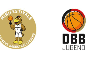 Logo der Deutschen Basketballjugend mit Maskottchen und Basketball. Daneben das DBB Jugend-Logo mit einem Basketball.