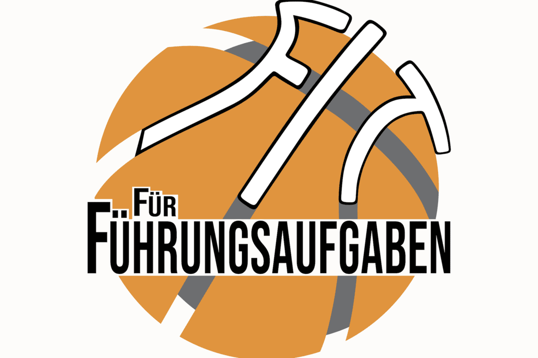 Logo mit einem Basketball im Hintergrund und dem Text „Für Führungsaufgaben“ in schwarzer Schrift.