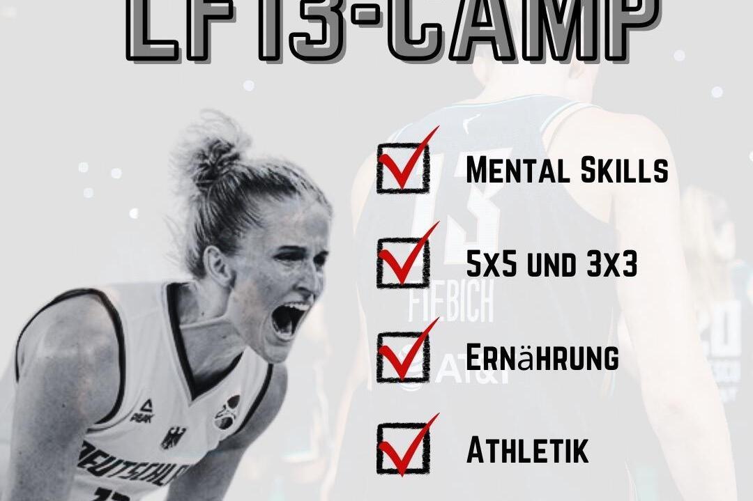 Basketballspielerin jubelt beim LF13-Camp; Themen aufgelistet: Mental Skills, Ern&auml;hrung, Athletik, Austausch f&uuml;r Eltern.