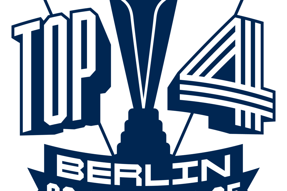 Grafisches Logo f&uuml;r das Basketball-Event "Top 4" in Berlin 2025 mit Pokal- und Sponsorenlogos.