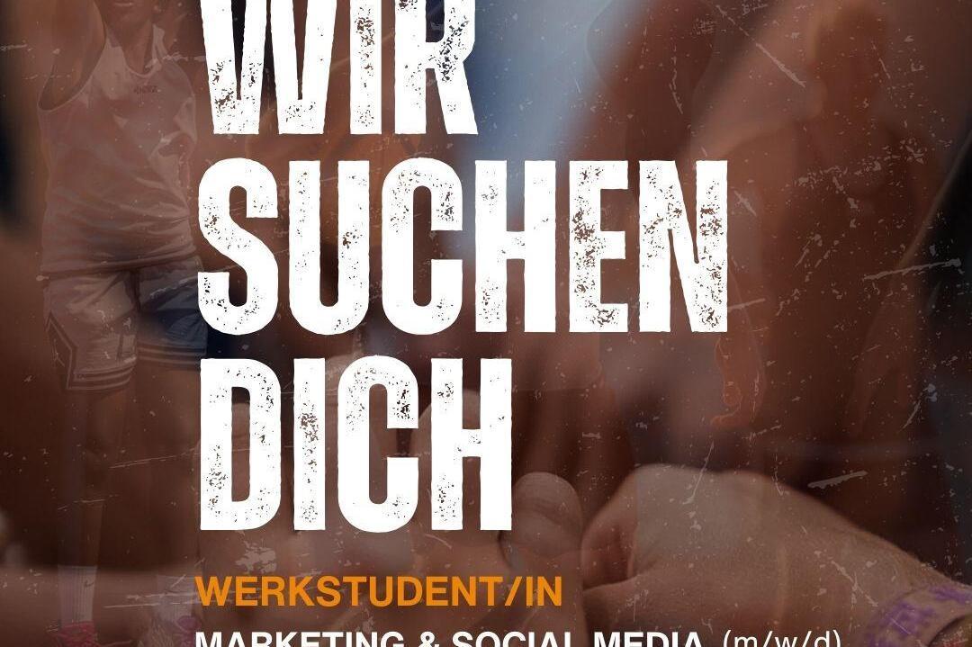 Anzeige f&uuml;r die Suche nach einem Werkstudenten im Bereich Marketing und Social Media, mit dynamischem Basketball-Hintergrund.