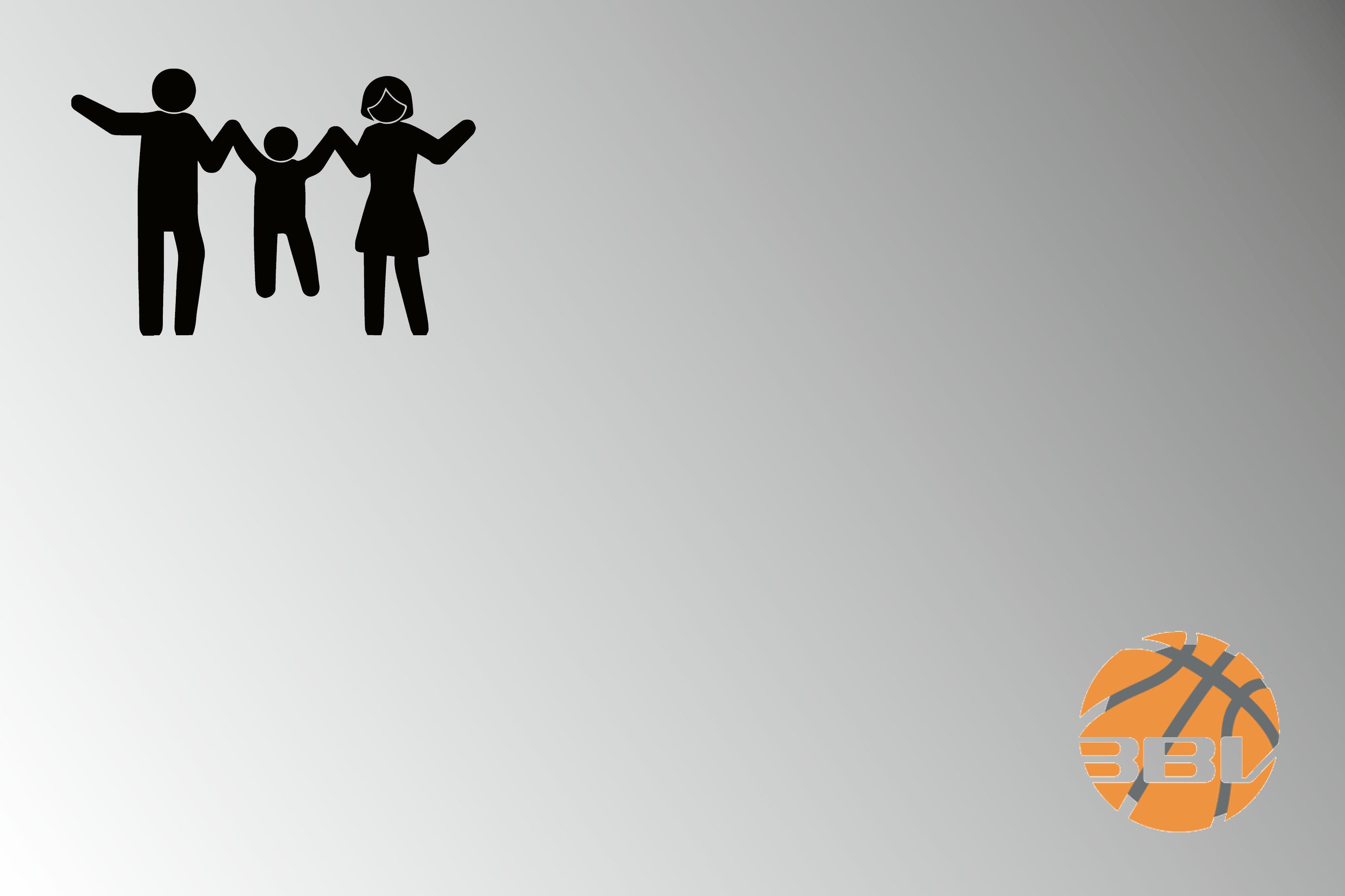 Familie aus drei Schwarzfiguren, die H&auml;nde halten; unten rechts das Logo einer Basketballliga.