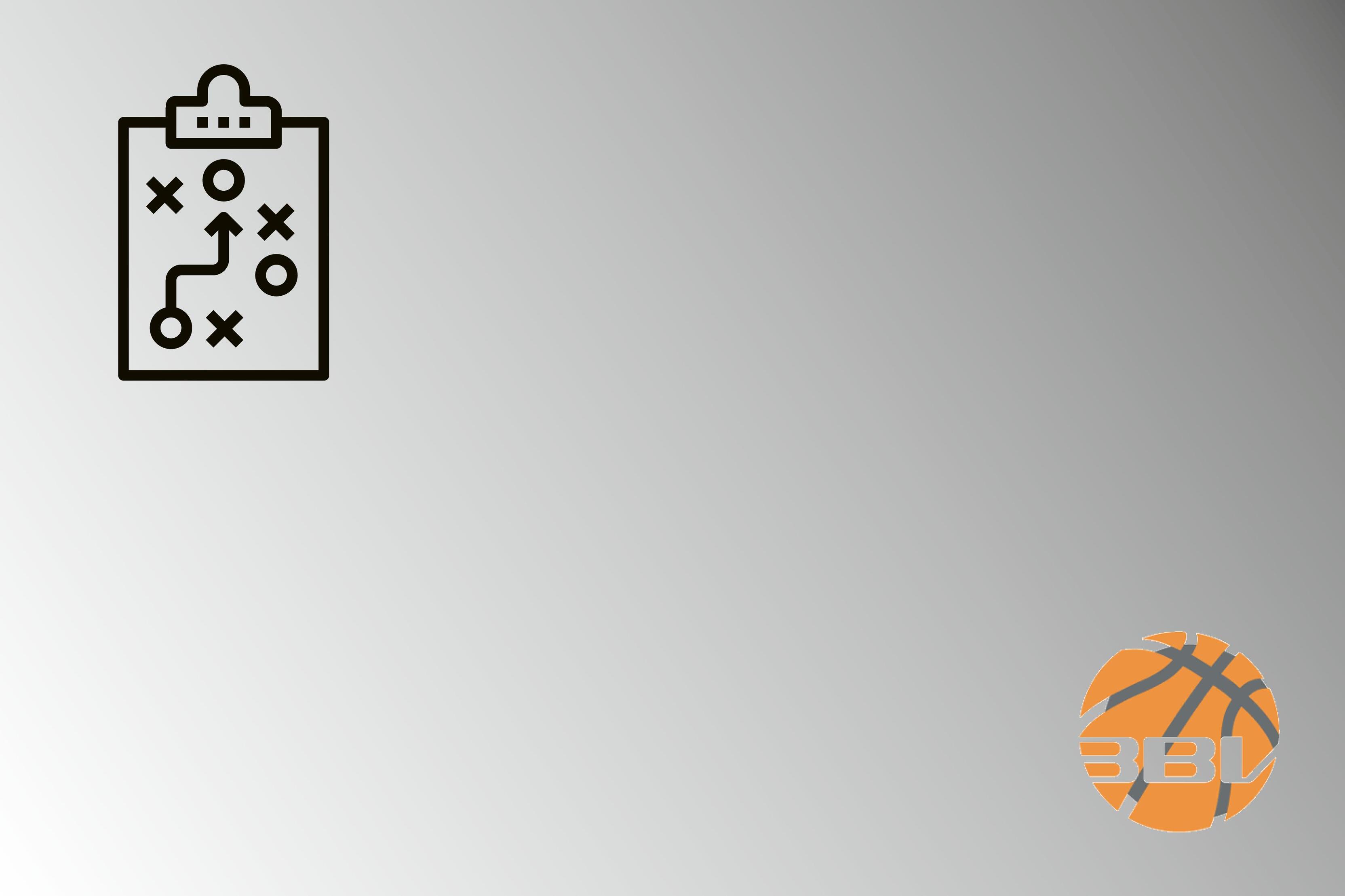 Symbol eines Spielplans mit taktischen Z&uuml;gen auf einem Clipboard, rechts ein Basketball mit dem Logo &bdquo;3BL&ldquo;.