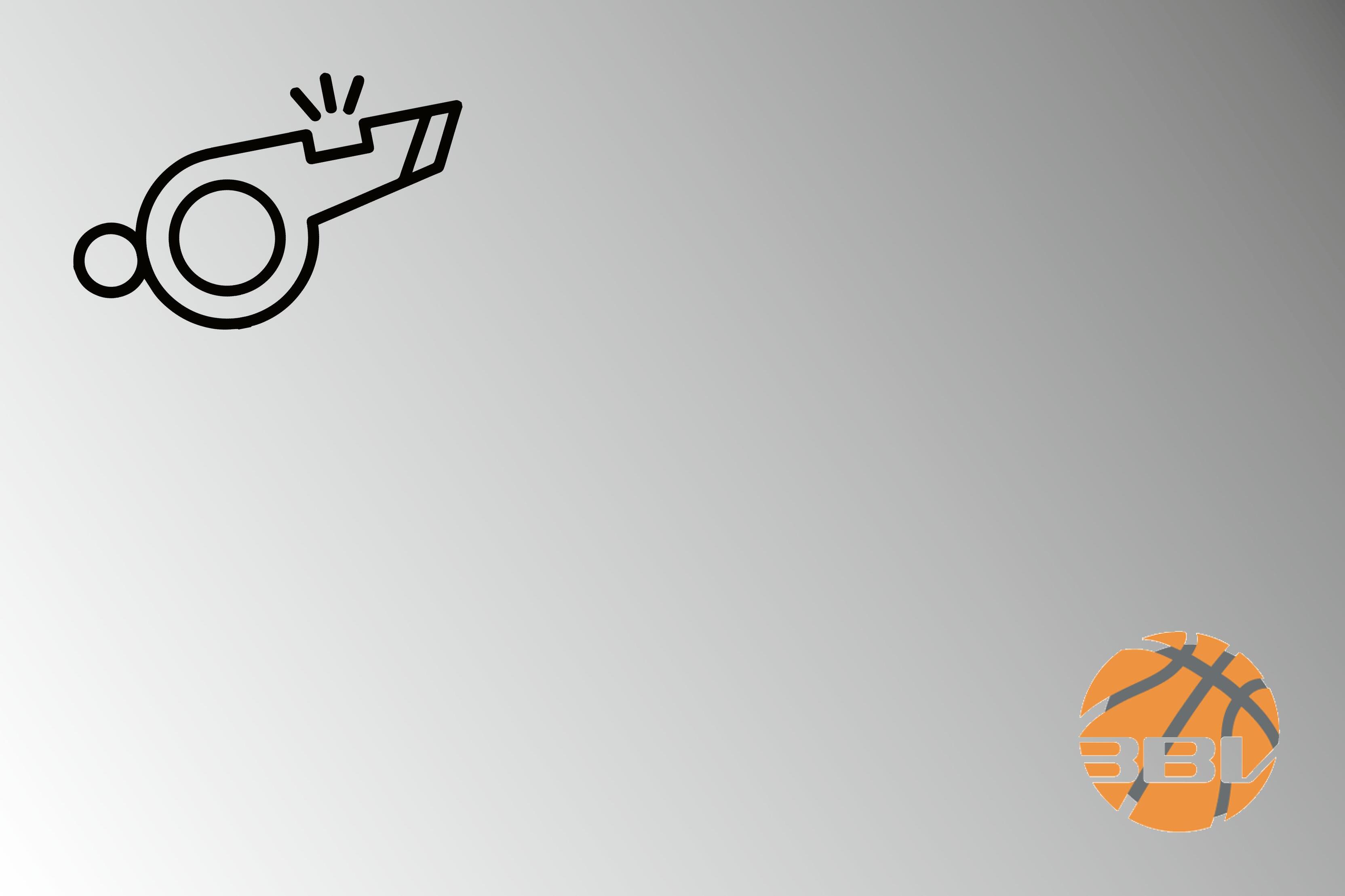 Schwarz-weiße Grafik eines Schiedsrichterpfifts und einem Basketball mit der Aufschrift „BBL“ auf grauem Hintergrund.