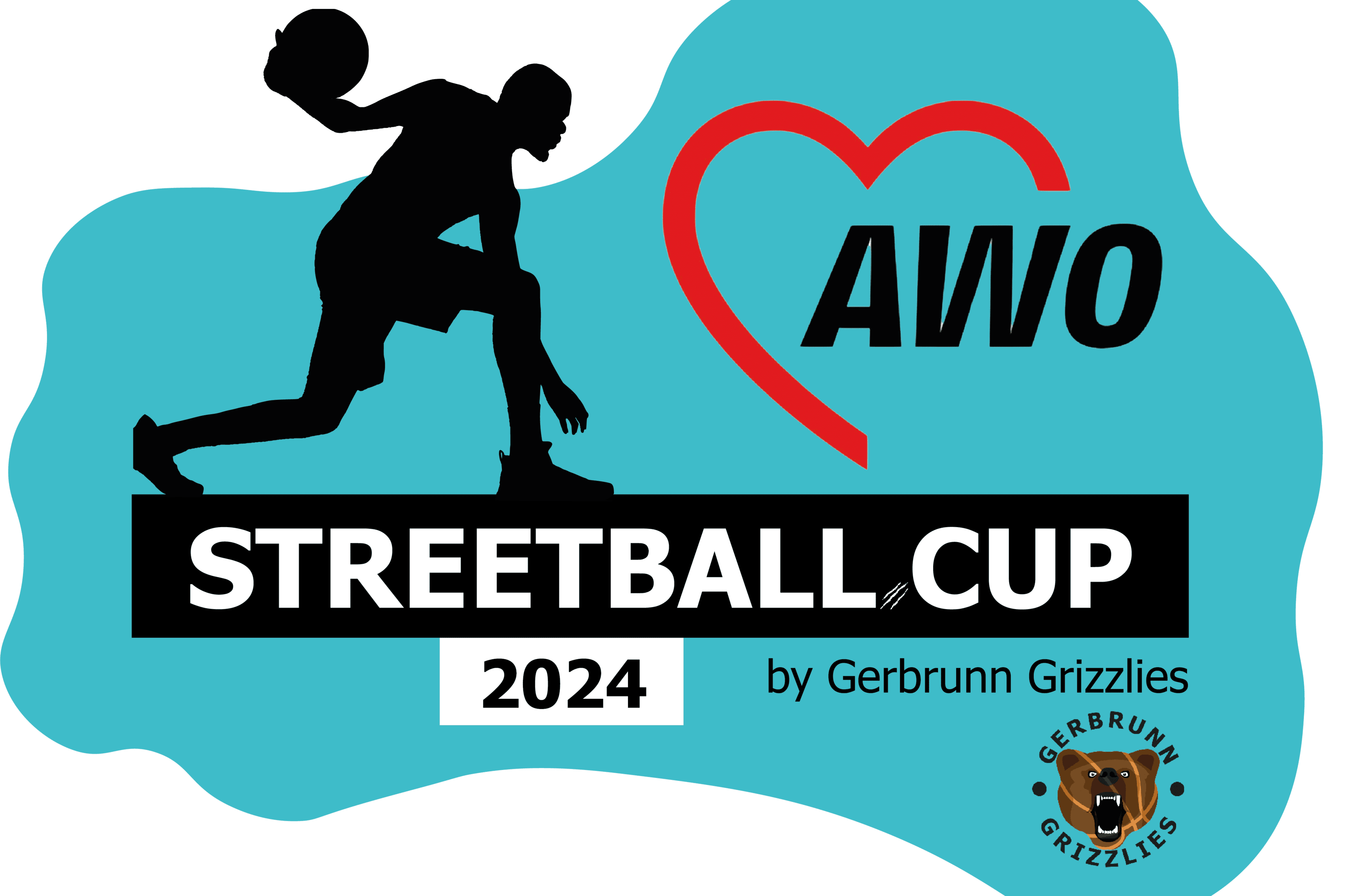 Logo f&uuml;r den AWO Streetball Cup 2024 mit Basketballspieler und Schriftzug der Gerbrunn Grizzlies.