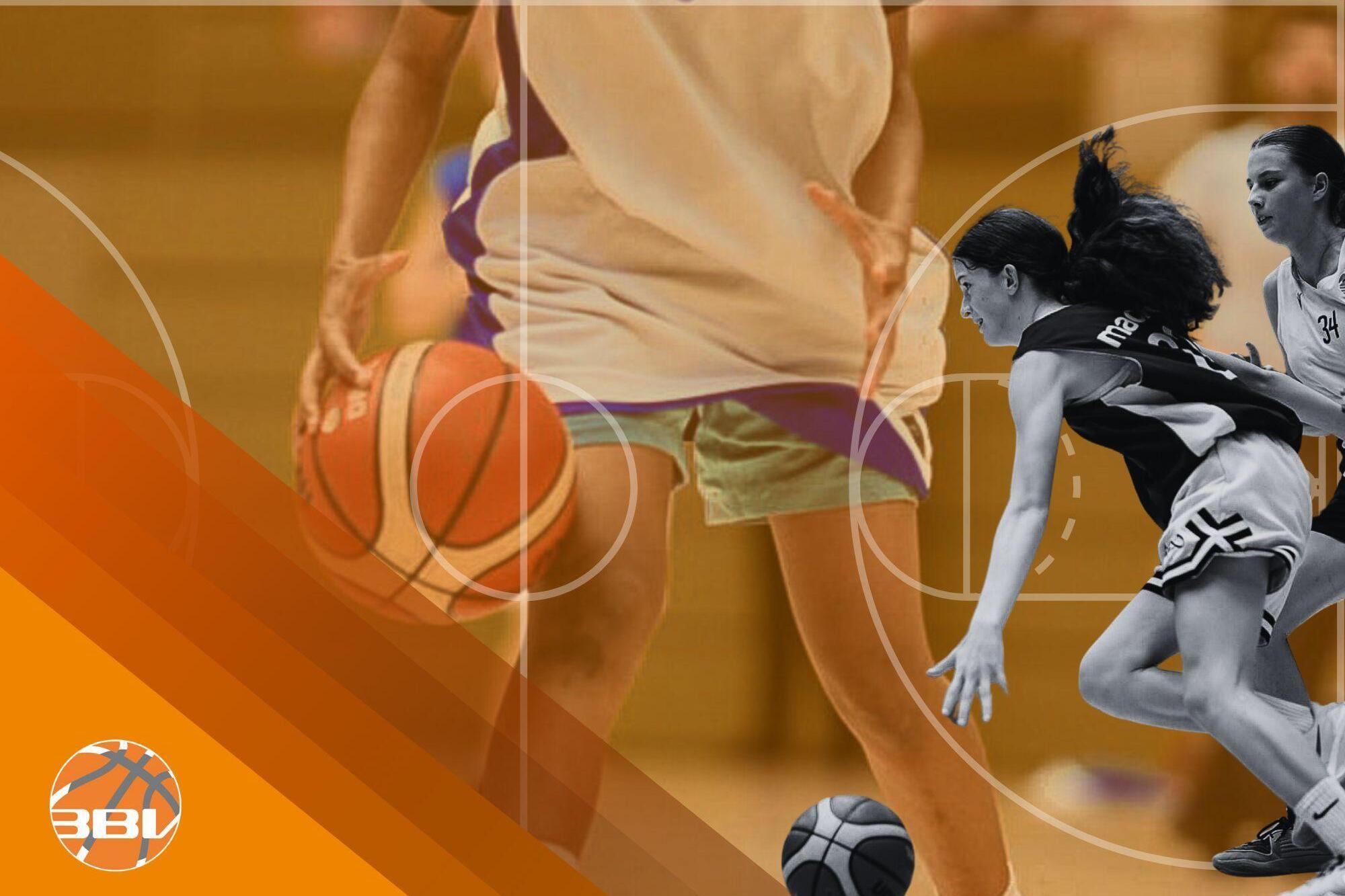 Zwei Basketballspielerinnen dribbeln den Ball auf einem Spielfeld, umgeben von Ball und grafischen Elementen.