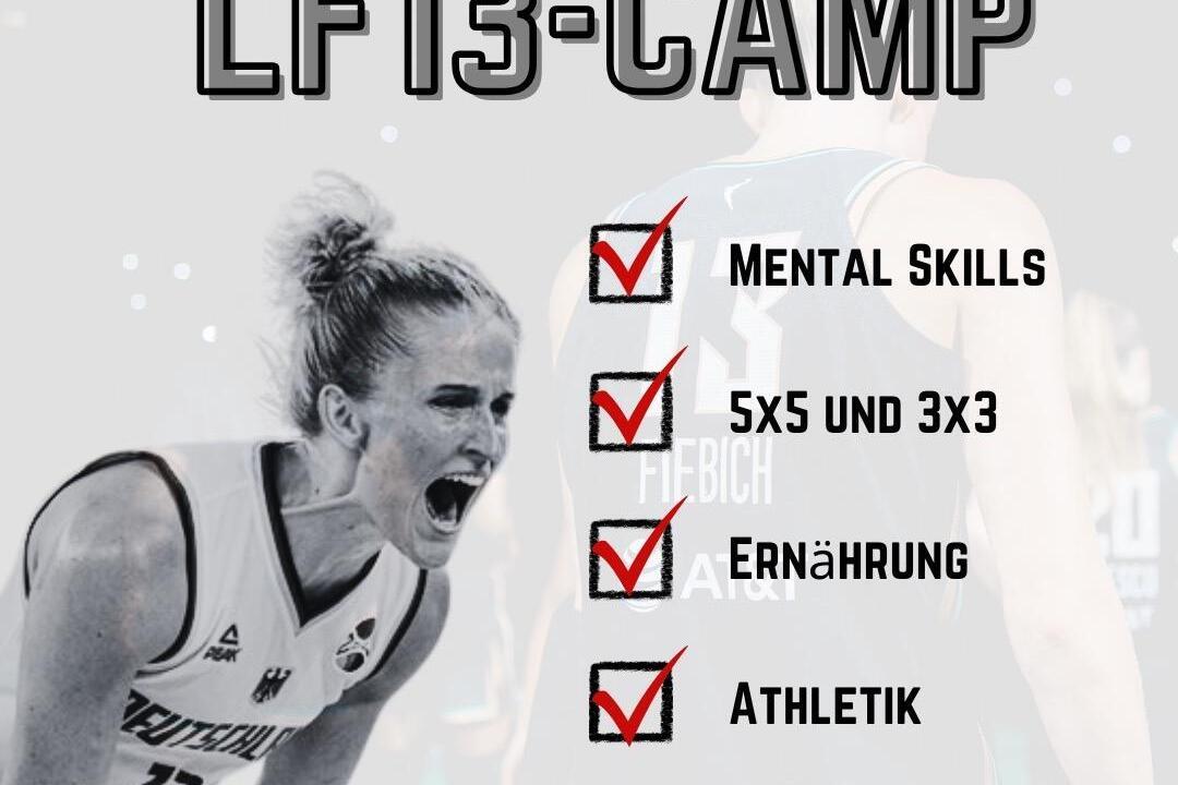 Basketballspielerin jubelt beim LF13-Camp; Themen aufgelistet: Mental Skills, Ern&auml;hrung, Athletik, Austausch f&uuml;r Eltern.
