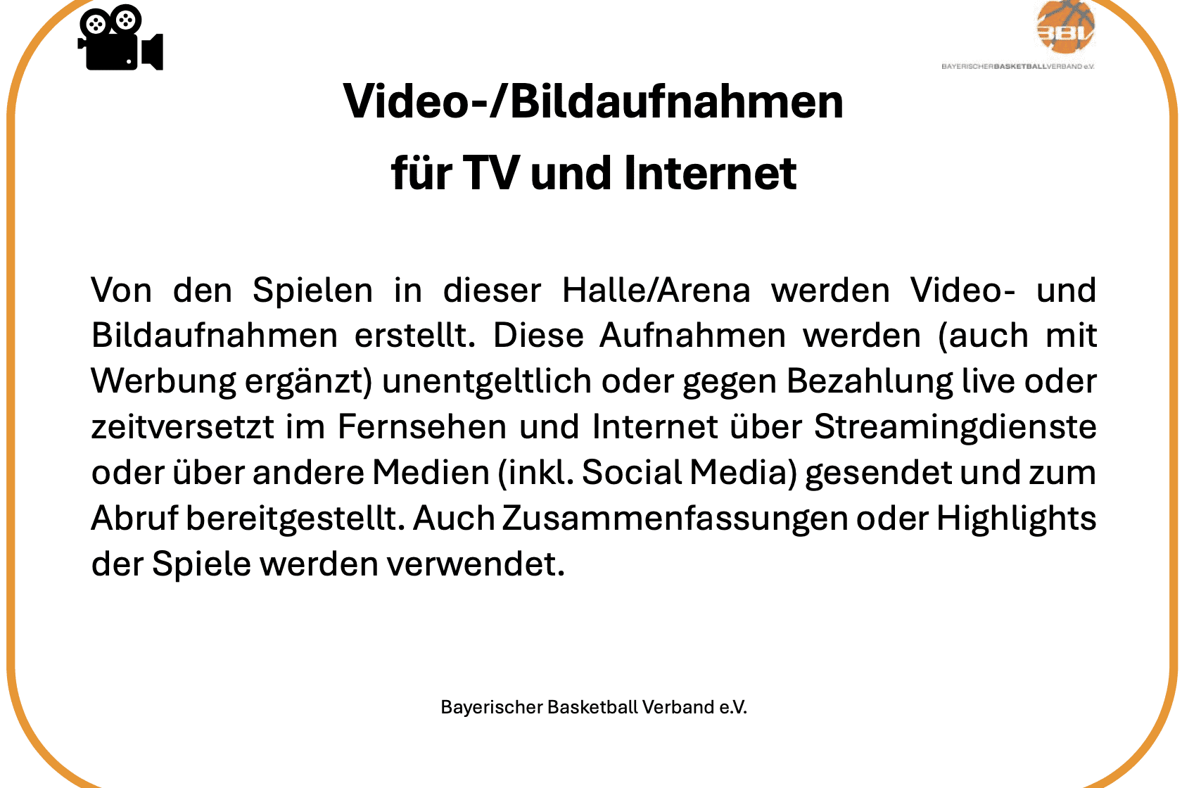 Informationstext &uuml;ber Video- und Bildaufnahmen f&uuml;r TV und Internet in einer Sportarena.