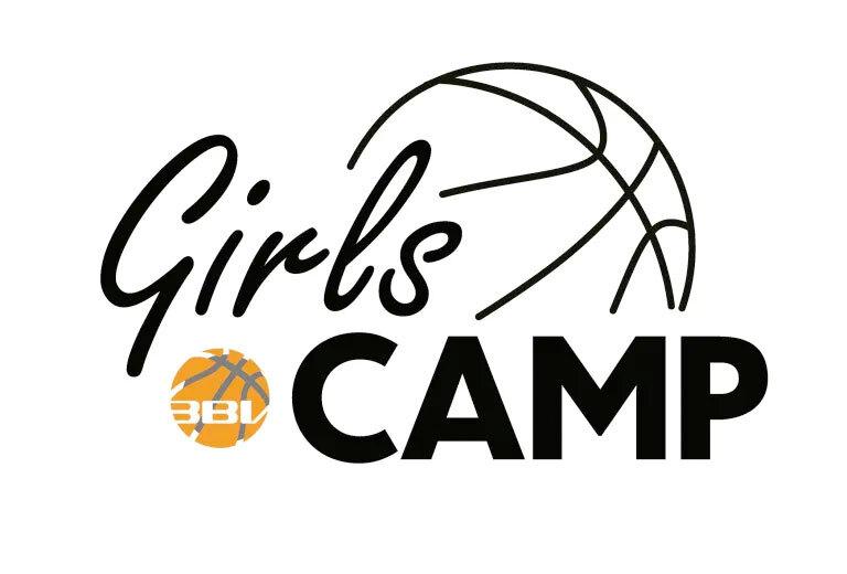 Logo f&uuml;r ein Basketball-M&auml;dchen-Camp, mit dem Schriftzug &bdquo;Girls CAMP&ldquo; und einem Basketballsymbol.