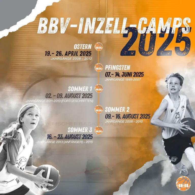Plakat der BBV-Inzell-Camps 2025 mit Terminen und Altersgruppen f&uuml;r Basketballtraining.