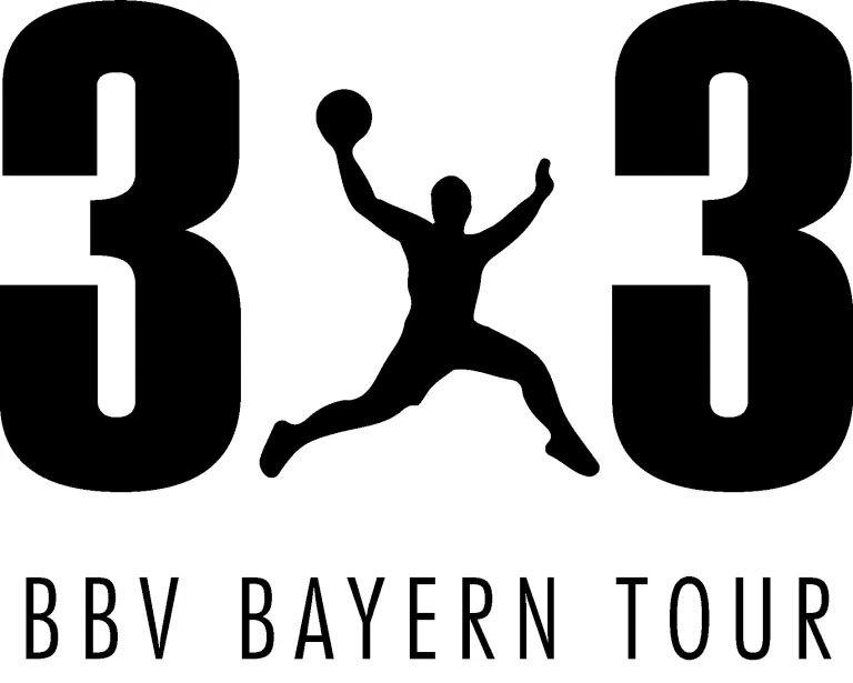 Logo der BBV Bayern Tour mit der Zahl &bdquo;3x3&ldquo; und Silhouette eines Basketballspielers beim Sprungwurf.