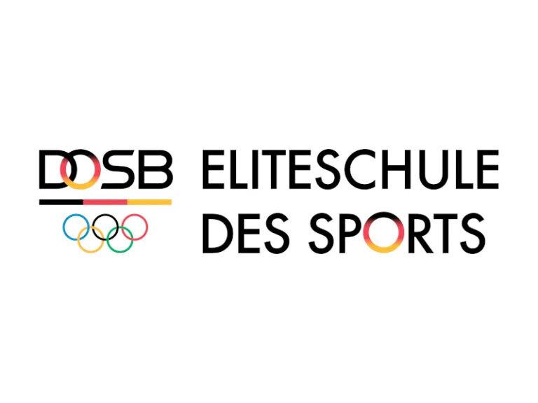 Logo der DOSB Eliteschule des Sports mit Olympischen Ringen und farbigen Akzenten in Schwarz, Rot und Gold.