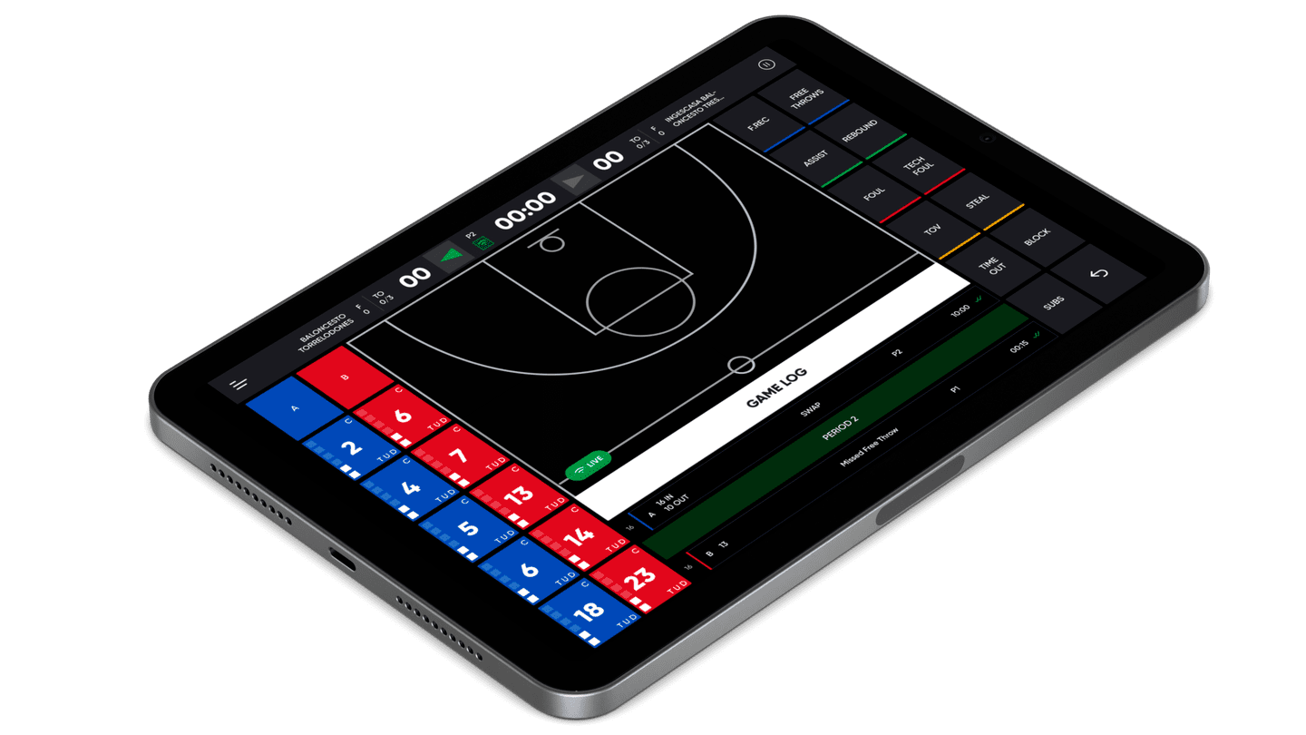 Tablet mit Anzeige eines Basketballspiel-Statistik-Layouts und Steuerungselementen in verschiedenen Farben.