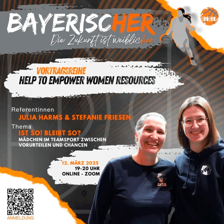 Plakat zur Vortragsreihe "BayerischHER" mit Informationen zu Referentinnen und Datum, auf dekorativem Hintergrund.