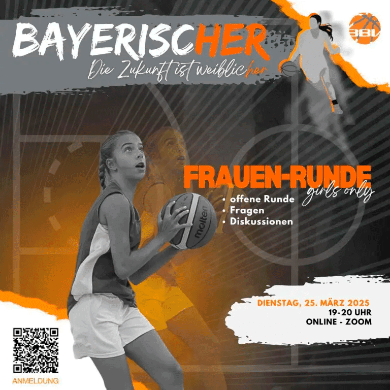 Grafik f&uuml;r ein Online-Event mit einer Basketballspielerin, Textinhalt zur Frauen-Runde, Daten und QR-Code zur Anmeldung.