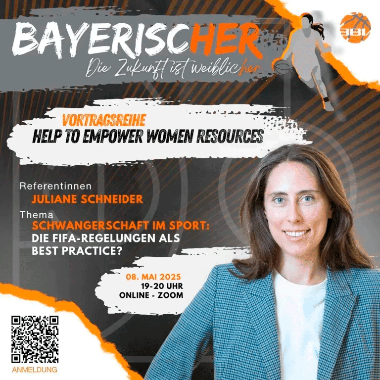 Poster f&uuml;r eine Online-Vortragsreihe mit Juliane Schneider zum Thema Schwangerschaft im Sport, 8. Mai 2025.