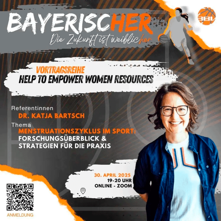 Plakat f&uuml;r online Vortrag mit Dr. Katja Bartsch zum Thema Menstruationszyklus im Sport am 30. April 2025.