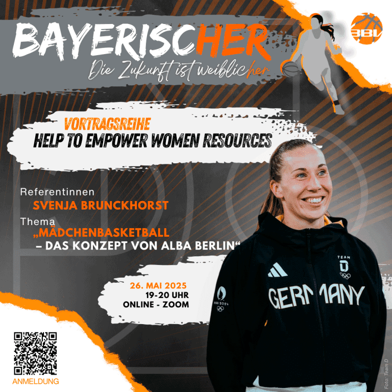 Grafik zur Vortragsreihe "Help to Empower Women Resources" mit Svenja Brunkhorst, Thema: M&auml;dchenbasketball. Datum: 26. Mai 2025.