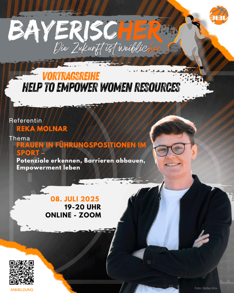 Plakat zur Vortragsreihe &bdquo;Frauen in F&uuml;hrungspositionen im Sport&ldquo; mit Referentin Reka Molnar, Datum und QR-Code f&uuml;r Anmeldung.