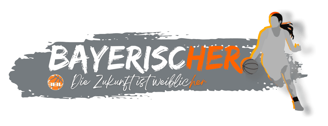 Logo der Basketball-Initiative &bdquo;BayerischerHER&ldquo; mit Slogan &bdquo;Die Zukunft ist weiblich&ldquo; und stilisierter Spielerin mit Ball.