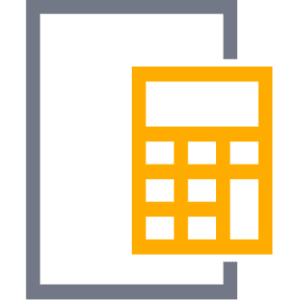 Icon eines Taschenrechners in orange auf schwarzem Hintergrund, umgeben von einer grauen Umrandung.