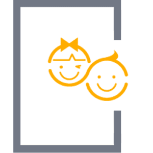 Symbol eines l&auml;chelnden M&auml;dchens und eines Jungen mit einfachen Gesichtsz&uuml;gen, umgeben von einem grauen Rahmen.