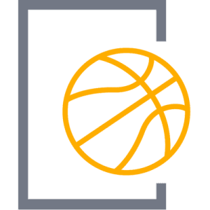 Grafik eines Basketballs, der am Rand eines Basketballkorbs schwebt, in Orange und Grau dargestellt.