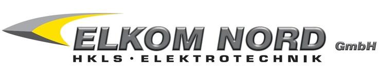 Logo der Firma ELKOM NORD GmbH mit dem Schriftzug &bdquo;HKLS &bull; Elektrotechnik&ldquo; und einem gelben grafischen Element.