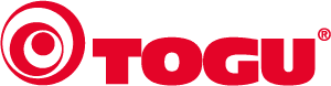 Logo der Marke TOGU in roter Schrift mit einem roten Zielsymbol auf gr&uuml;nem Hintergrund.
