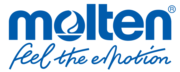 Logo der Marke Molten in blauer Schrift, mit dem Slogan &bdquo;feel the emotion&ldquo; darunter, alles auf transparentem Hintergrund.