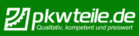 Logo von pkwteile.de auf gr&uuml;nem Hintergrund mit dem Slogan &bdquo;Qualit&auml;t, kompetent und preiswert&ldquo;.